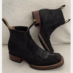 Black Leather Western Square Toe Short Boot Sz 6.5